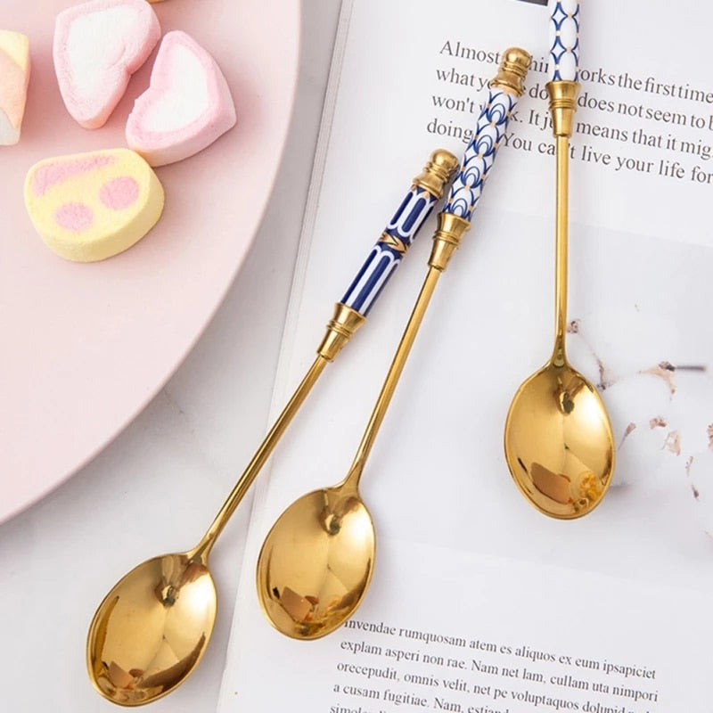 Stainless Steel Dessert Spoon Ceramic Long Handle Icecream Spoon Teaspoon Gold Coffee Cake Fruit Milk Spoon Kitchen Tableware