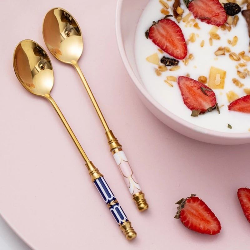 Stainless Steel Dessert Spoon Ceramic Long Handle Icecream Spoon Teaspoon Gold Coffee Cake Fruit Milk Spoon Kitchen Tableware
