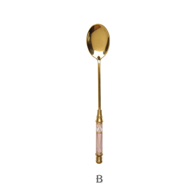 Stainless Steel Dessert Spoon Ceramic Long Handle Icecream Spoon Teaspoon Gold Coffee Cake Fruit Milk Spoon Kitchen Tableware