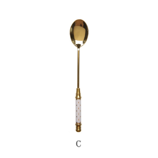 Stainless Steel Dessert Spoon Ceramic Long Handle Icecream Spoon Teaspoon Gold Coffee Cake Fruit Milk Spoon Kitchen Tableware