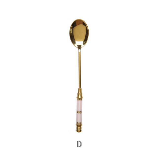 Stainless Steel Dessert Spoon Ceramic Long Handle Icecream Spoon Teaspoon Gold Coffee Cake Fruit Milk Spoon Kitchen Tableware