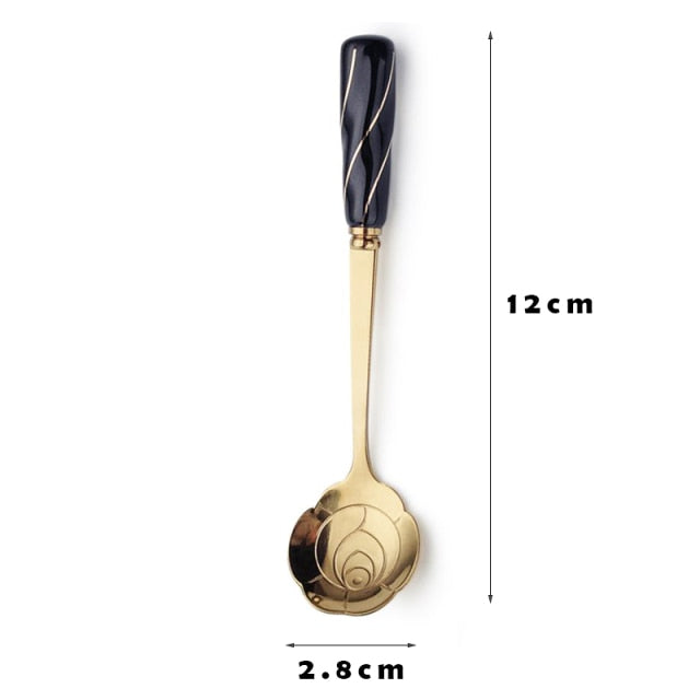 Stainless Steel Dessert Spoon Ceramic Long Handle Icecream Spoon Teaspoon Gold Coffee Cake Fruit Milk Spoon Kitchen Tableware